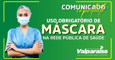 O uso de máscara de proteção facial passa a ser obrigatório na Rede Pública Municipal de Saúde, em Valparaíso de Goiás.