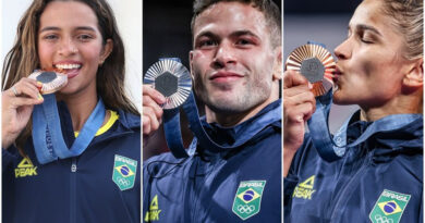 Rayssa Leal do skate street, Willian Lima e Larissa Pimenta, do judô. Os primeiros pódios brasileiros em Paris. Foto: COB