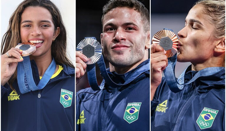 Rayssa Leal do skate street, Willian Lima e Larissa Pimenta, do judô. Os primeiros pódios brasileiros em Paris. Foto: COB