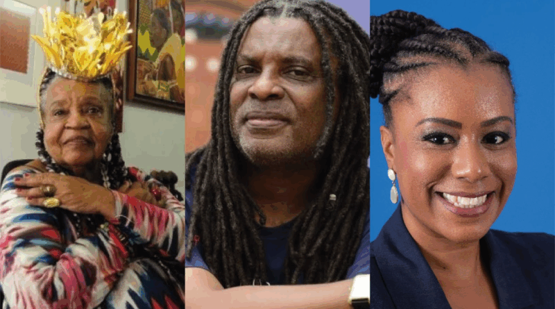 Homenageados da sexta edição do Festival Fala!, Lydia Garcia (à esquerda) e Nelson Inocêncio (ao centro). À direita, a jornalista convidada Karla Lucena / Créditos: Divulgação