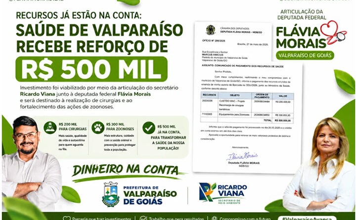 Recursos já estão na conta: saúde de Valparaíso recebe reforço de R$ 500 mil
