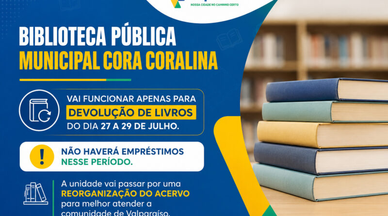 Biblioteca Pública Cora Coralina terá atendimento temporário restrito para reorganização do acervo