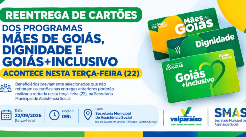 Reentrega de Cartões dos PROGRAMAS MÃES DE GOIÁS, DIGNIDADE E GOIÁS + INCLUSIVO acontece nesta terça-feira